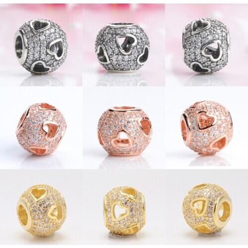 S925 Sterling Silver Hollow Diamond-set Shiny Heart-shaped Beads Fit Original Bracelet Necklace Diy Jewelry