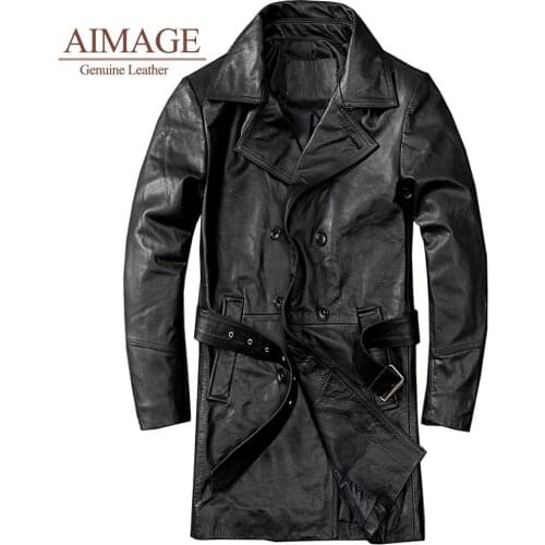 Men Long Leather coat de cuero genuino Cowhide Leather Jacket Natural Long Slim Cowhide Moto Jacket man homme парка мужская