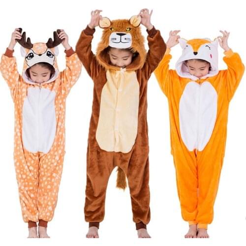 Kids Animal Onesies Lion Deer Fox Kigurumis Flannel Warm Soft Sleep Suit Boy Girl Festival Christmas Party Funny Cartoon Pajamas