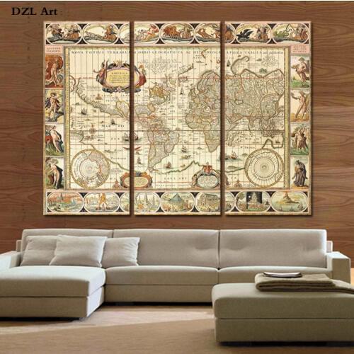 Drop Shipping 3 Piece World Map Home Wall Decor Canvas Picture Art Print On Canvas for Home Decor