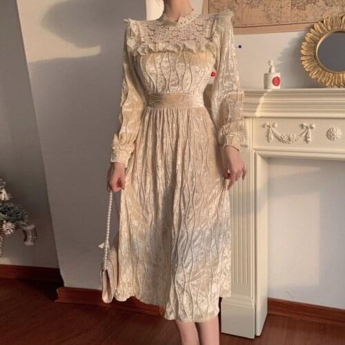 Vintage Lace Fairy Dress White Winter Long Sleeve Women Midi Korean Dresses Vestidos 2021 Spring New Party Ladies Dress Elegant