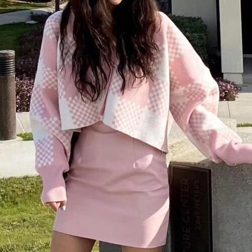 Vrouwen Korte Gebreide Plaid Tops, Volwassenen Button Down Kleurblok Lange Mouwen V-hals Vest