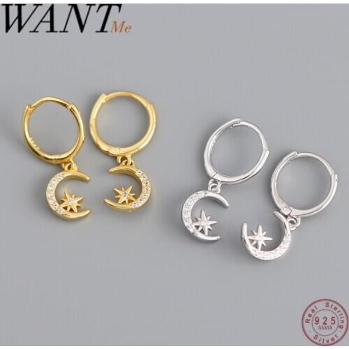 WANTME Genuine 925 Sterling Silver Creative Pave Zircon Star Moon Pendant Ear Buckle for Women Fashion Wedding Jewelry Earrings