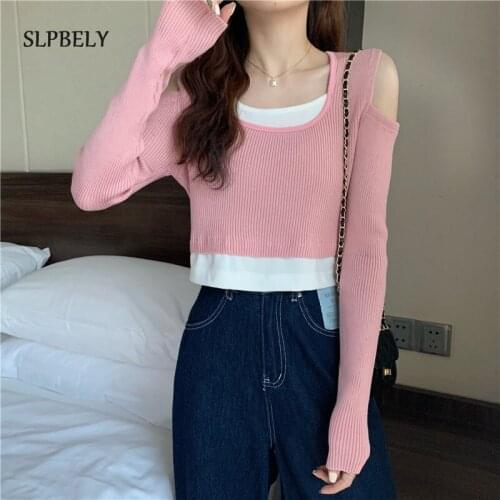 SLPBELY Women Off-the-shoulder Patchwork T-shirt Sexy Long Sleeve Irregular Short Slim Top Casual Pink Ladies Cotton Tshirts