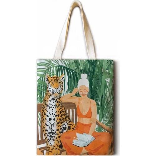 Beauty and Tiger Print Ladies Casual Tote Bag Large Capacity Cotton Linen Female Shopping Bag Ladies One Shoulder Tote Beach Bag