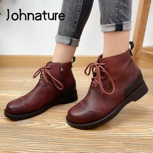Johnature Ankle Boots Women Shoes Genuine Leather 2020 New Winter Zip Round Toe Flat With Mixed Colors Lace-up Platform Boots