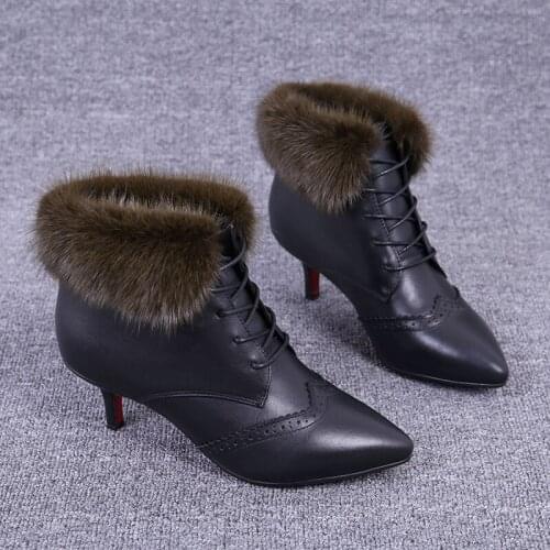 Womens Pointed Toe Real Mink Fur Ankle Boots Stilettos High Heel Warm Winter Brogue Carved Shoes Black New 2022