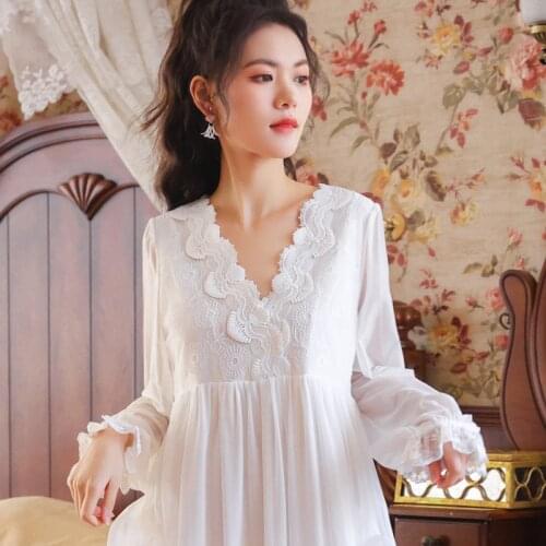 Women Spring Long-sleeved Nightgowns Retro Court Long Sleeve Sleepshirts Modal Princess Lace Sexy Nightwear V-Neck Night Dress