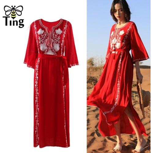 Tingfly Vintage Bohemian Flower Emboridery Red Loose Maxi Long Dress Women Side Split Tassel Boho Beach Vestidos Holiday Robes