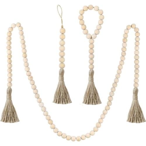 Antique Wood Beads Garland Rattan Tassel Hanging Pendant Wall Decor Boho Natural Country Home Photography Props Mothers Day Gift