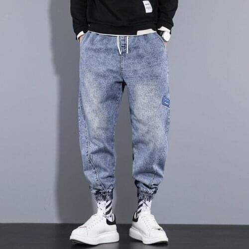 Mens Jeans Techwear Ankle-Tied Trousers Mens Clothes Denim Casual Pants Streetwear Korean Hip Hop Harem Pants Men Sweatpants