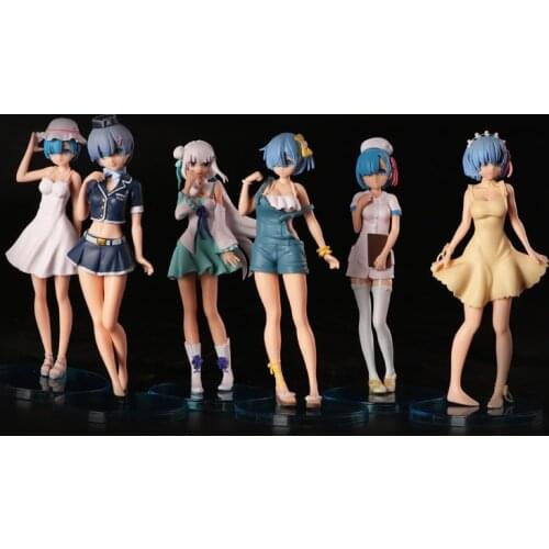 6Pcs/Set Anime Re:Life In A Different World From Zero Rem Action Figure Swimsuit Strap Denim PVC Collection Model Doll Toys Gift