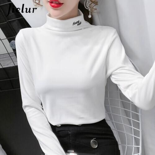 Jielur Letter Embroidery T-shirts Turtleneck Long Sleeve Slim T shirt M-XXL Harajuku 2021 New Women Fashion Tees Tops Hipster
