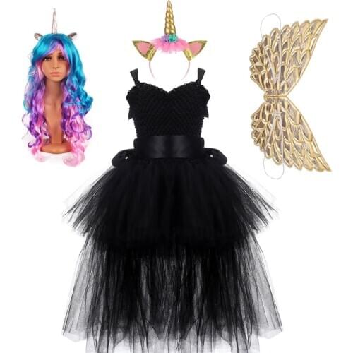 Cosplay Pony Costume Christmas Girls Unicorn Long Tail Dress with Angel Wings Wig Princess Birthday Party Ball Gown for Kids