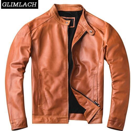 Brown Plus Size 4XL Real Sheep Leather Jacket Men Casual Stand Collar Genuine Leather Slim Coat Motorcycle Sheepskin Overcoat