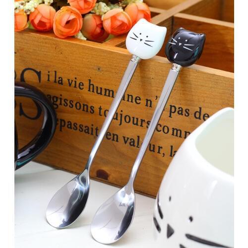 100pcs/lot Cartoon White Black Cat Spoon Stainless Steel Tea Coffee Ice Cream Spoons Tableware Decor lin4891