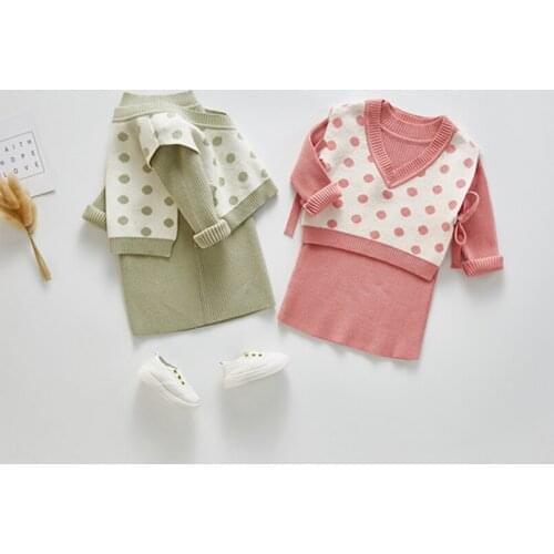 Sweet polka dot princess girls dress Christmas baby clothing cotton knitted vest+long sleeve sweater dress sets for girls suit