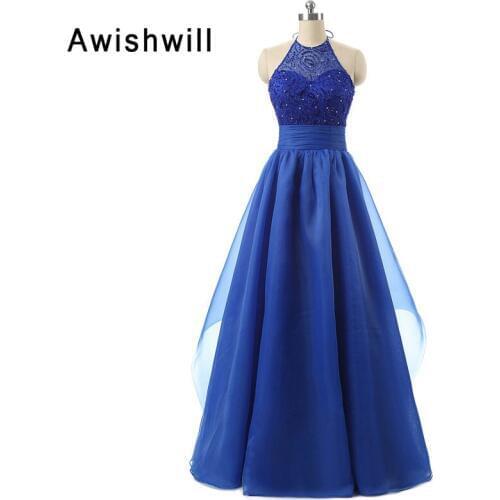 Fashion Long Evening Dress Banquet Elegant A-line Floor Length Beaded Organza Royal Blue Long Dress Party Prom Abendkleider