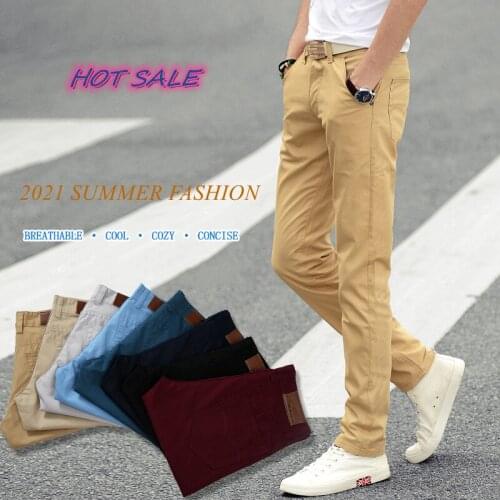 2021 Mens Pants Spring/Autumn Mens Cotton Casual Trousers Mens Youth Slim Straight Long Fashion Popular Solid Color Men Pants