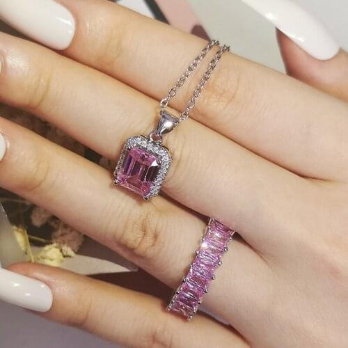 2pcs Pack Real 925 Sterling Silver Jewelry Set for Engagement Wedding Bridal Jewelry for Brides Gifts Anniversary J6363-pink