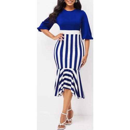 MISSJOY Women Burgundy Ruffles Stripe Printed Bodycon Dress Autumn OL Lantern Sleeve Mermaid Club Celebrity Evening Party Dress