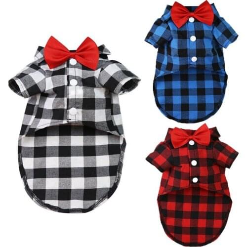 Dog Shirts Fashion bowknot Plaid Dog Shirts Cotton Pet Puppy T-Shirt Dog Clothes For Small Medium Dogs Cat