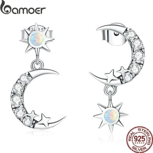 Bamoer 925 Sterling Silver Shining Star and Moon Stud Earrings Crystal Golden Buckle Earrings for Women Engagement Ear Jewelry