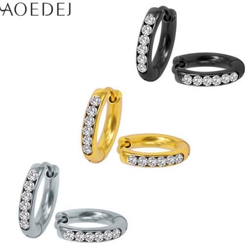 AOEDEJ 10mm Crystal Hoop Earrings Black Gold Color Stainless Steel Small Hoop Earrings for Men Women Round Circle Earrings