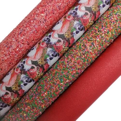 Green Red Mixed Glitter leather, Halloween Skulls Printed synthetic leather, Matt Glitter Faux Leather For Bow DIY 21x29CM KM692
