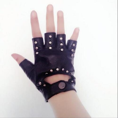 Sadilfari Womens fashion gloves girls semi-finger gloves dance jazz punk personality rivets gloves cutout fingerless gloves