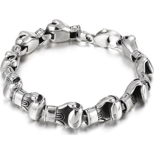 Goth Silver 316L Stainless Steel Boxing Gloves Link Chain Wrist Bracelet for Men Boys Bangle Jewelry Gift Free Shipping