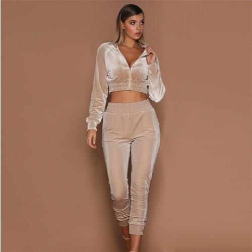 2020 Fashion Slim Solid Comfortable Women 2 Piece Set Autumn Long Sleeve O Neck Zipper Crop Top Ankle Length Stretch Trousers