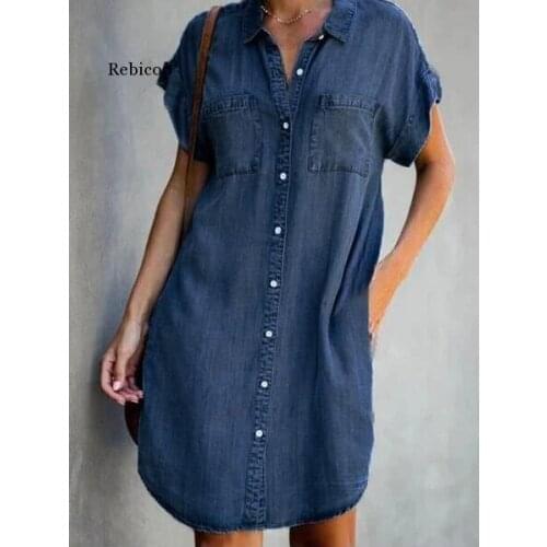 Summer Dress Women Short Sleeve Pockets Single-Breasted Irregular Hem Knee-Length Denim Dress Loose Style Vestidos
