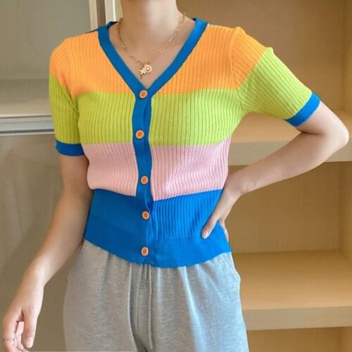 Zoki Fashion Striped Women T Shirt Summer V Neck Knit Cardigan Rainbow Cute Thin Tees Casual Short Sleeve Loose Button Up Tops