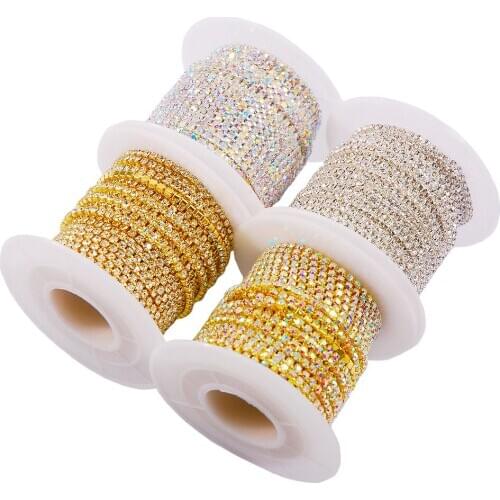 10 yards / roll Sew on Crystal Rhinestone Chain 2mm Gold Silver Base Dense Claw Glass Rhinestone Trim DIY Jewelry Clothing