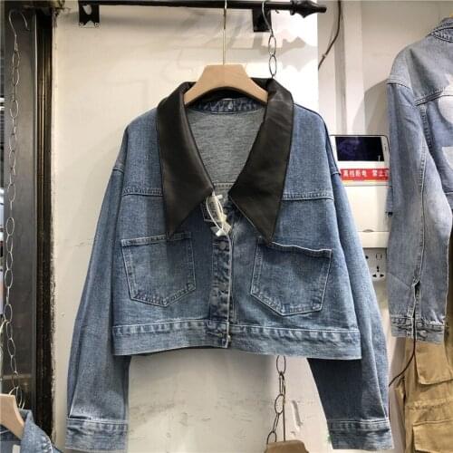 2021 Spring New Lady Korean Detachable Leather Collar Loose Chic Stitching Single Breasted Collar Wash Denim Jacket Women Coat