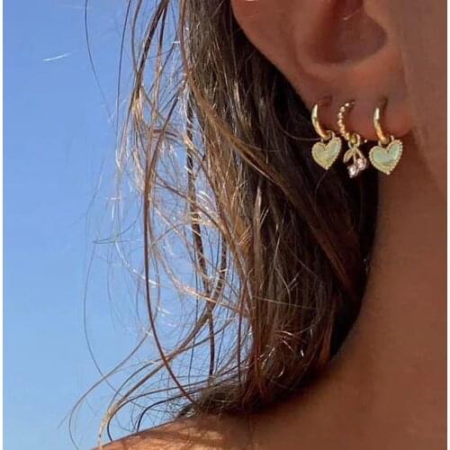 4Pcs/Set Cute Small Love Heart Hoop Earrings Shiny Rhinestone Cherry Earrings for Women Gold Romantic Earrings 2020 Jewellery