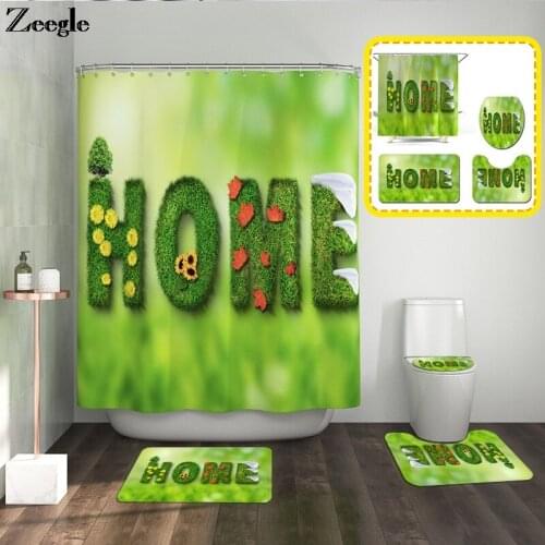 4PCS Bath Mat Set Flower and Grass Letter Carpet Bath Mat with Shower Curtain Set U-Shaped Toilet Rug and Anti-slip Foot Rug