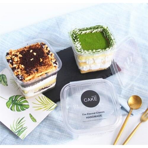 50pcs High quality PET plastic square transparent box baking packaging cake tiramisu mousse dessert boxes 400ml cup with lid
