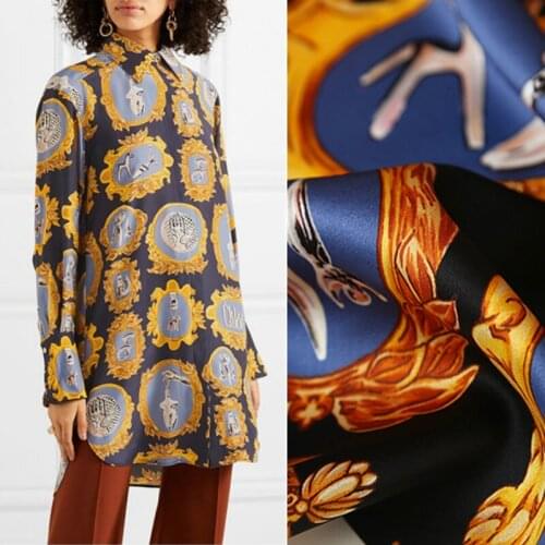 50x150cm French C brand retro bronze mirror printed stretch satin polyester fabric soft shirt ladies dress fabric cloth