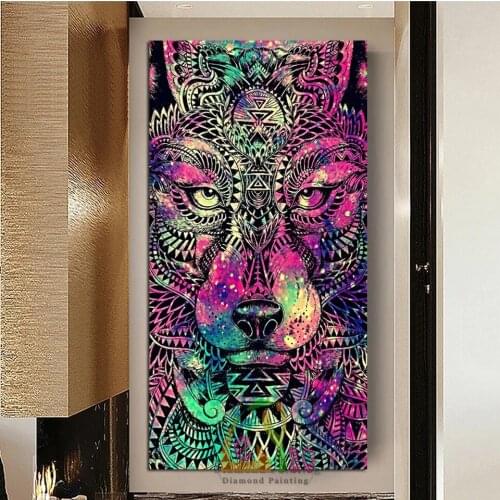 5D Full Round Diy Diamond Painting Cross Stitch Animal Kit 3D Diamond Mosaic Embroidery Colorful Wolf Mosaic Painting Home Decor