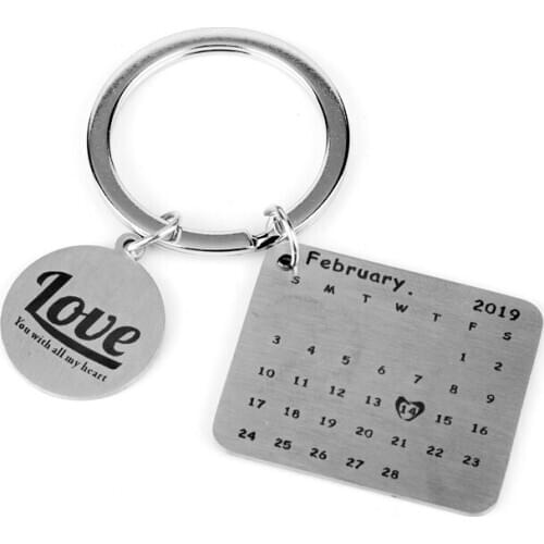 Dongsheng Calendar Keychain Pendant Baby Record Love Heart Shape Engrave Date Birthday Wedding Anniversary Jewelry
