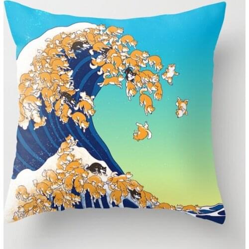 Shiba Inu In Great Wave Decorative Pillowcases Cotton Linen Throw Pillow Case Home Sofa Decor Pillowcase