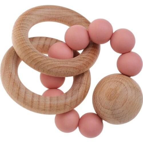 Baby Rattle Bracelet BPA Free Silicone Teether Organic Wooden Ring Teething Toy D7YD