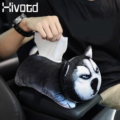 Hivotd Car Tissue Box holder auto interior accessories cute Cartoon Animal napkin Short Plush Tissue box Car Armrest Tissue Box
