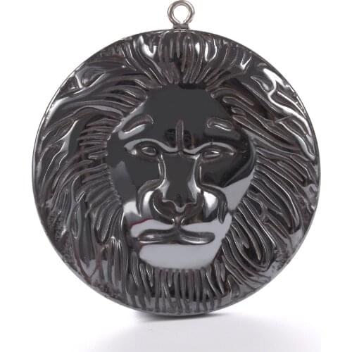 Nature Lion Face Hematite Stone Bone Pendant Bead Charm Metal 44x44x4mm Jewelry DIY Necklace Making Accessories For Women Men