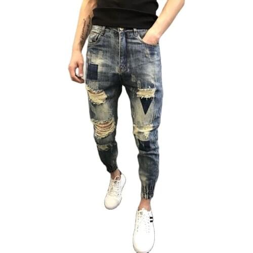Wholesale 2020 Fashion cargo Slim mens trousers summer mens jeans bunch feet hole ankle length pants wild denim jeans men