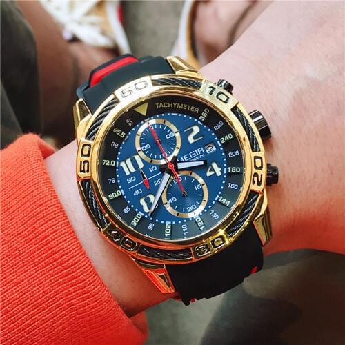 Megir Mens Chronograph Analogue Quartz Watches Wateproof Luminous Hands Rubber Strap Sport Wristwatch for Boys 2045GDBK