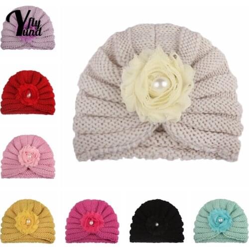Yundfly Solid Color Knitting Striped Wool Caps Fashion Handmade Flowers Baby Girl Hats Soft Warm Children Headwear Birthday Gift