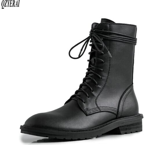 QZYERAI black Riding boots Genuine leather Female boots lace-up Womens boots Autumn winter cowhide Womens shoes Size 34-40